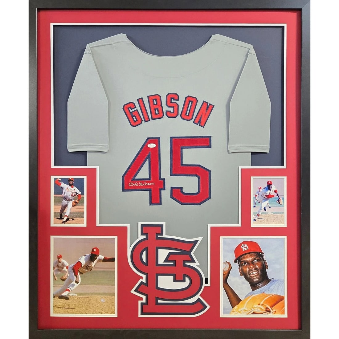 Framed Bob Gibson Autographed Grey Cardinals Jersey JSA: Framed Bob Gibson Autographed Grey Cardinals Jersey JSA This framed grey jersey features an authentic autograph by Bob Gibson of the St. Louis Cardinals. Authenticated by JSA, the jersey includes a ta