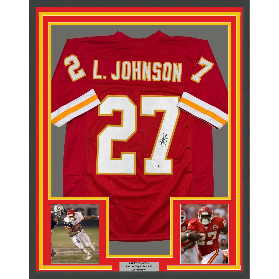 Larry Johnson Signed Chiefs Jersey in 35x39 Frame Beckett Authenticated: Larry Johnson Signed Chiefs Jersey in 35x39 Frame Beckett Authenticated This framed Kansas City Chiefs red jersey has been autographed by Larry Johnson and comes with a Beckett Certificate of Authenti