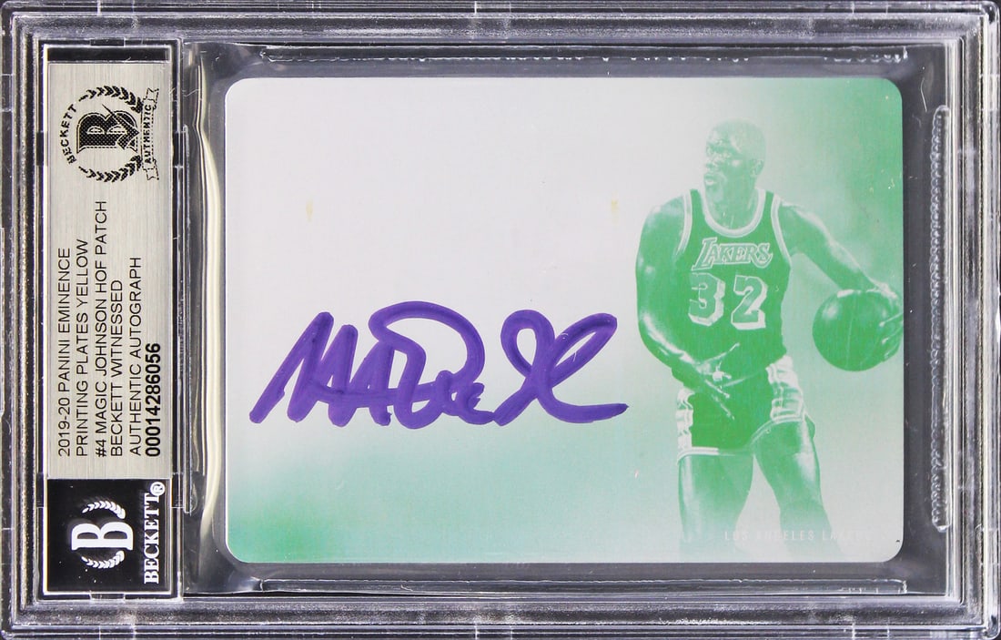 Magic Johnson Autographed 2019 Panini Eminence Yellow #4 Card Gem Mint 10 BAS Slabbed: Magic Johnson Autographed 2019 Panini Eminence Yellow #4 Card Gem Mint 10 BAS Slabbed This 2019 Panini Eminence Printing Plates Yellow #4 card features a stunning autographed inscription by basketball