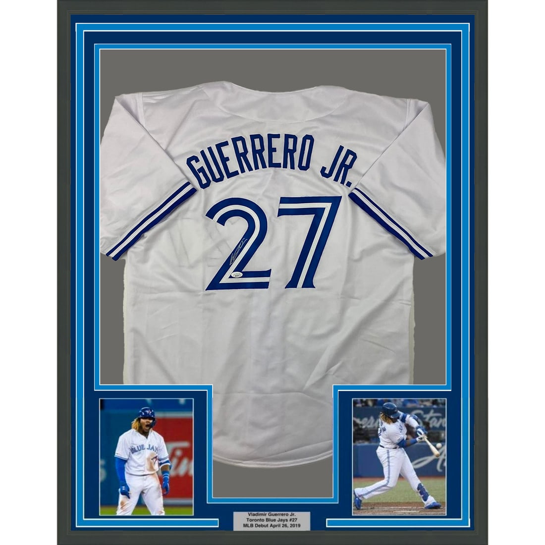 Framed Autographed Vladimir Guerrero Jr. Jersey with JSA COA 33x42: Framed Autographed Vladimir Guerrero Jr. Jersey with JSA COA 33x42 Celebrate your love for baseball with this stunning framed autographed jersey of Vladimir Guerrero Jr. This authentic piece features 