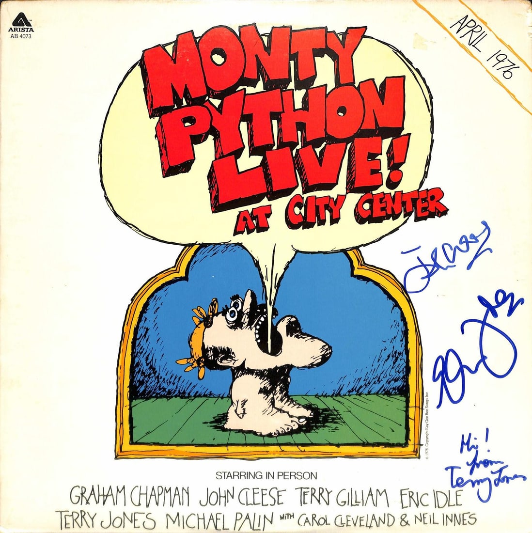 Beckett Authenticated Monty Python Live Album Signed by Cleese Idle Jones: Beckett Authenticated Monty Python Live Album Signed by Cleese Idle Jones This Monty Python Live! At City Center album features authentic signatures from John Cleese, Eric Idle, and Terry Jones on the