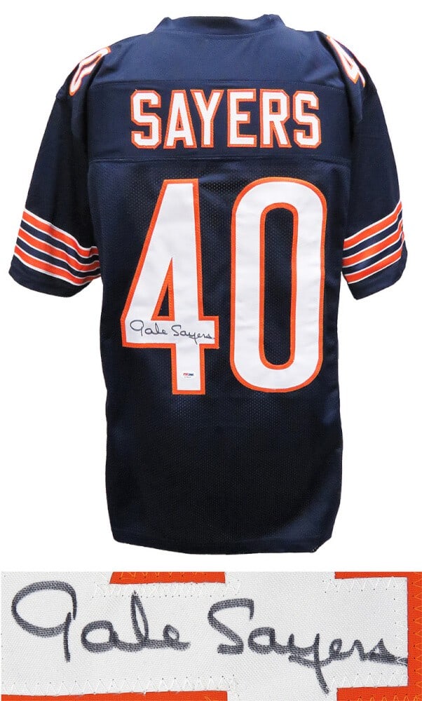 Gale Sayers Chicago Bears Signed Navy Jersey PSA/DNA COA: Gale Sayers Chicago Bears Signed Navy Jersey PSA/DNA COA Celebrate the legacy of Gale Sayers with this authentic, navy custom football jersey, signed by the legendary Chicago Bears player. This origin