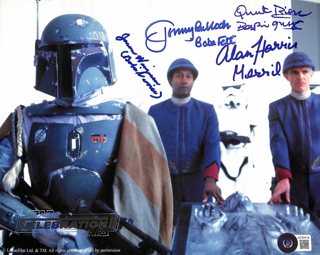 Boba Fett Bespin 8x10 Photo Signed by Four Cast with Beckett LOA: Boba Fett Bespin 8x10 Photo Signed by Four Cast with Beckett LOA This is an autographed 8x10 inch color photograph from Star Wars: The Empire Strikes Back featuring Boba Fett in Bespin, officially pro
