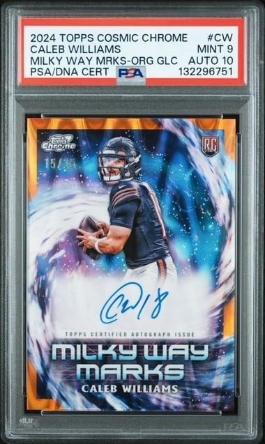 PSA 9 2024 Topps Cosmic Chrome Caleb Williams Auto /25 MWMCW: PSA 9 2024 Topps Cosmic Chrome Caleb Williams Auto /25 MWMCW This is a 2024 Topps Cosmic Chrome Orange Galactic parallel sports trading card featuring Caleb Williams of the Chicago Bears. The card is 