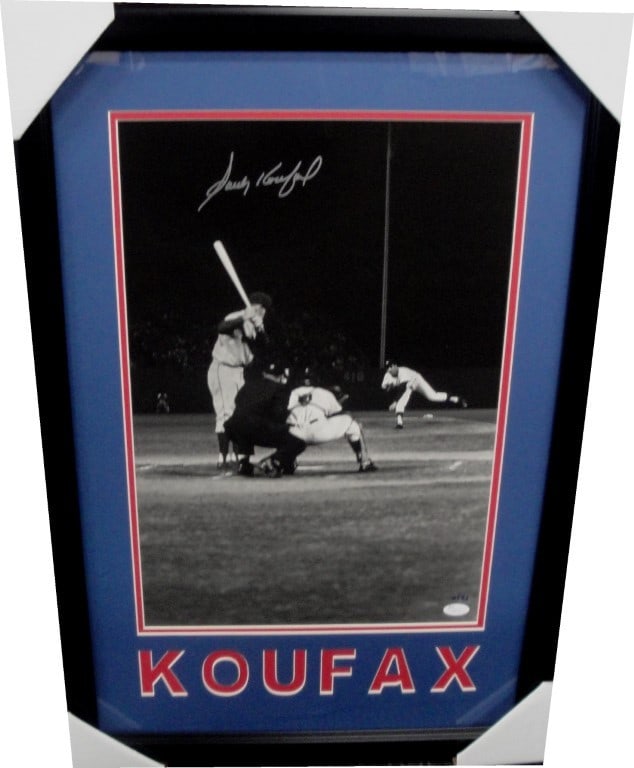 Sandy Koufax Autographed 16x20 Photo Framed JSA Authenticated: Sandy Koufax Autographed 16x20 Photo Framed JSA Authenticated Celebrate the legacy of Sandy Koufax with this authentic hand-signed 16x20 photo, beautifully custom framed. The photo features Koufax in 