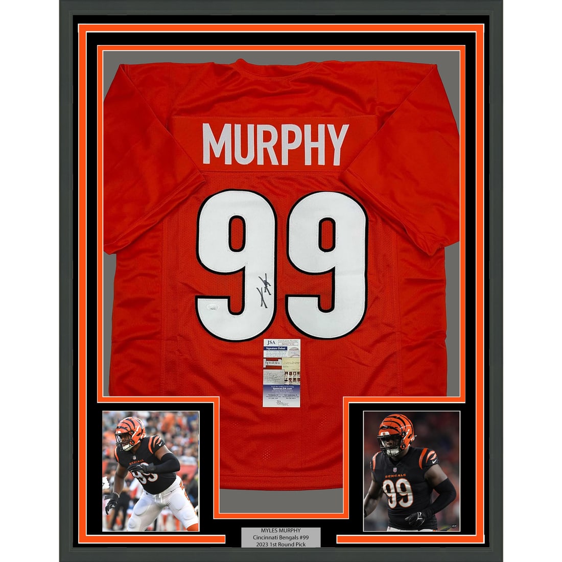 Framed Myles Murphy Autographed Cincinnati Bengals Jersey JSA COA: Framed Myles Murphy Autographed Cincinnati Bengals Jersey JSA COA This professionally framed and matted autographed Myles Murphy Cincinnati Bengals jersey is a must-have for any NFL fan. Measuring 35x