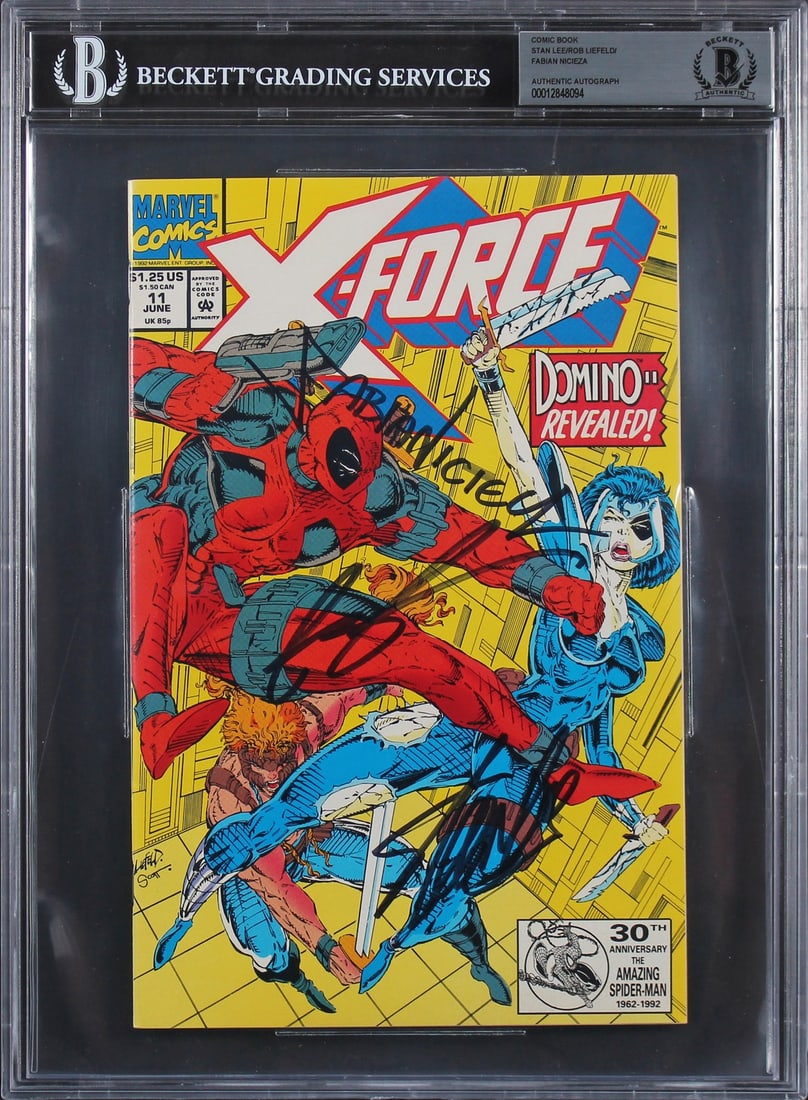 X-Force #11 Comic Signed by Stan Lee Liefeld Nicieza Beckett Authenticated Slab: X-Force #11 Comic Signed by Stan Lee Liefeld Nicieza Beckett Authenticated Slab This is an original X-Force #11 comic book that has been personally signed by Stan Lee, Rob Liefeld, and Fabian Nicieza 