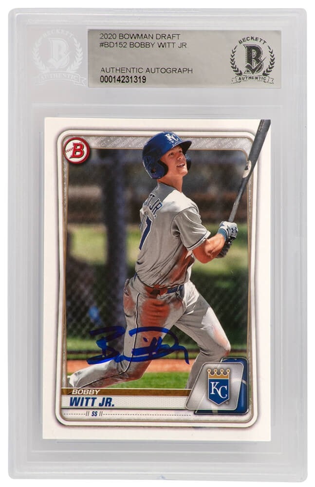 2020 Bowman Draft #BD-152 Bobby Witt Jr. Rookie Card Signed Beckett Authenticated: 2020 Bowman Draft #BD-152 Bobby Witt Jr. Rookie Card Signed Beckett Authenticated This is a 2020 Bowman Draft rookie card (#BD-152) featuring Bobby Witt Jr. of the Kansas City Royals. The card is sign