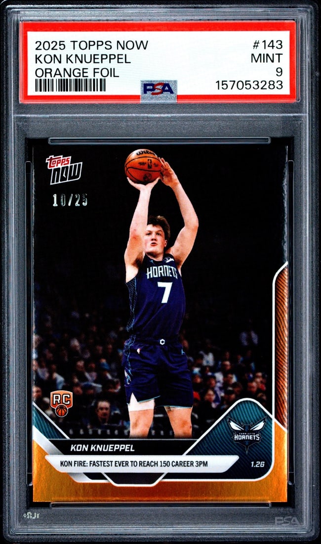 PSA 9 Kon Knueppel 2025 Topps Now #143 Orange Foil /25: PSA 9 Kon Knueppel 2025 Topps Now #143 Orange Foil /25 Graded 2025 Topps Now Kon Knueppel #143 Orange Foil rookie sports trading card. This PSA 9 example is encapsulated by Professional Sports Authent