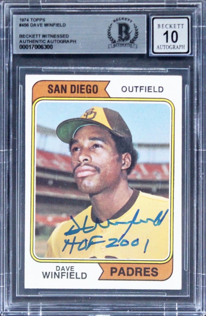 1974 Topps 456 Dave Winfield Signed Card HOF 2001 Beckett Authenticated: 1974 Topps 456 Dave Winfield Signed Card HOF 2001 Beckett Authenticated Original 1974 Topps #456 baseball card signed by Dave Winfield and inscribed "HOF 2001." The autograph is graded Gem Mint 10 by 