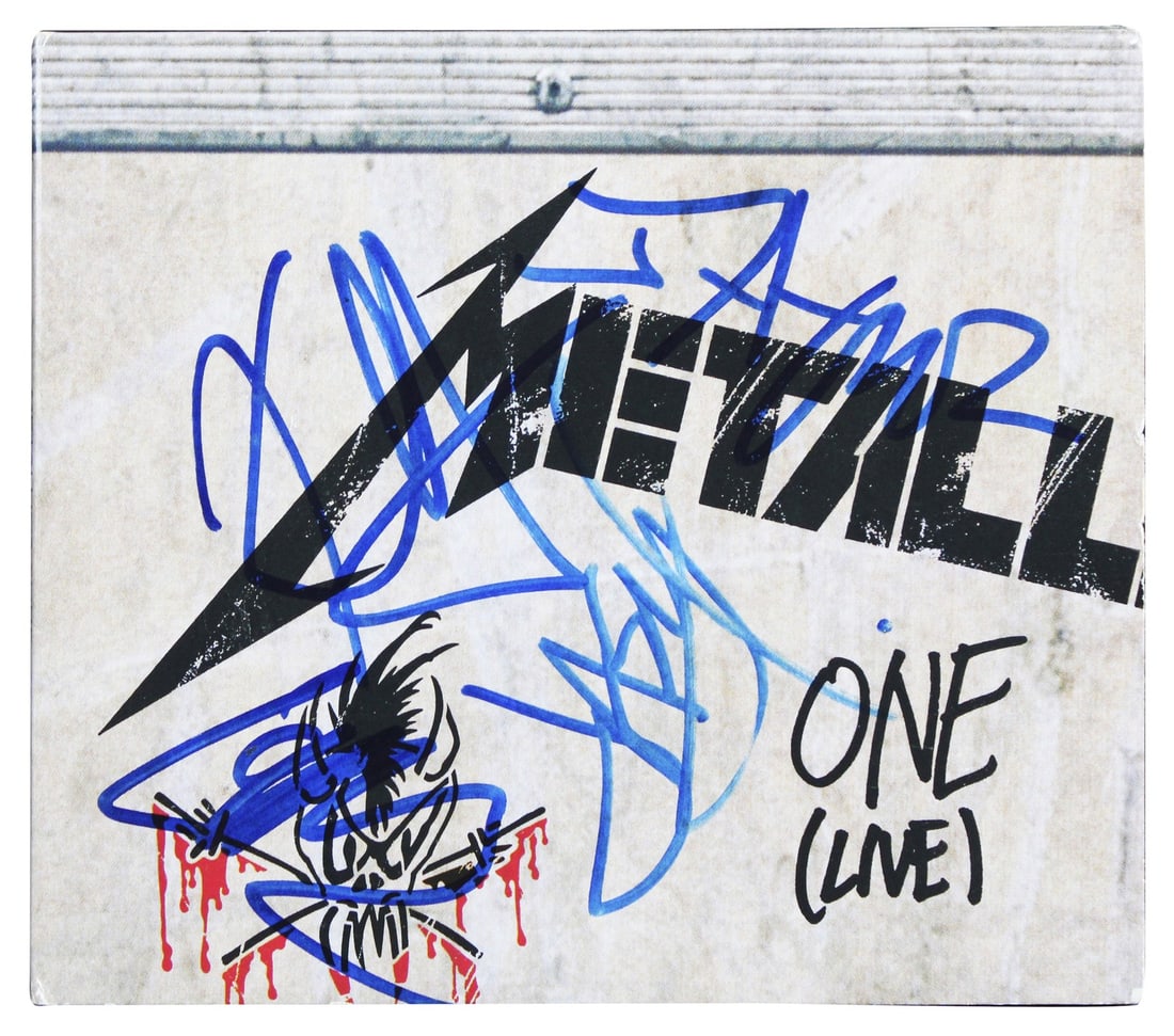 Beckett authenticated Metallica One CD box signed by four members: Beckett authenticated Metallica One CD box signed by four members This original "One (Live)" CD box set includes both the CD and booklet, personally signed by James Hetfield, Lars Ulrich, Kirk Hammett