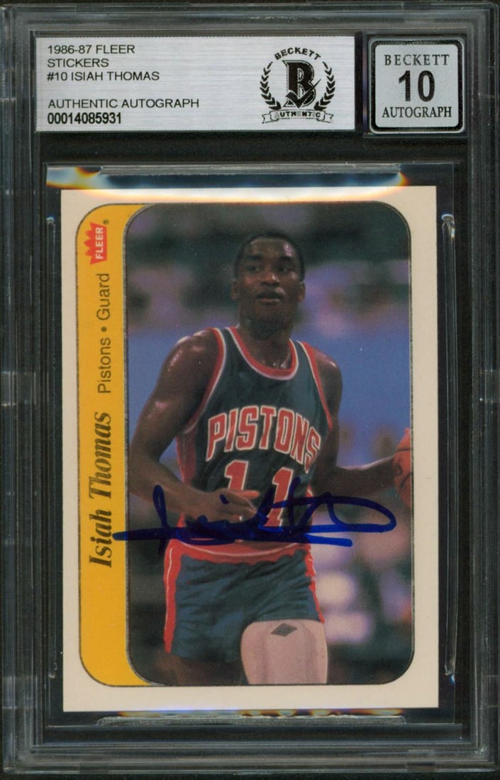 Isiah Thomas Signed 1986 Fleer Stickers #10 Card Gem Mint 10 Beckett: Isiah Thomas Signed 1986 Fleer Stickers #10 Card Gem Mint 10 Beckett This 1986 Fleer Stickers #10 card features an autograph from Isiah Thomas, the legendary player of the Detroit Pistons. Graded Gem 