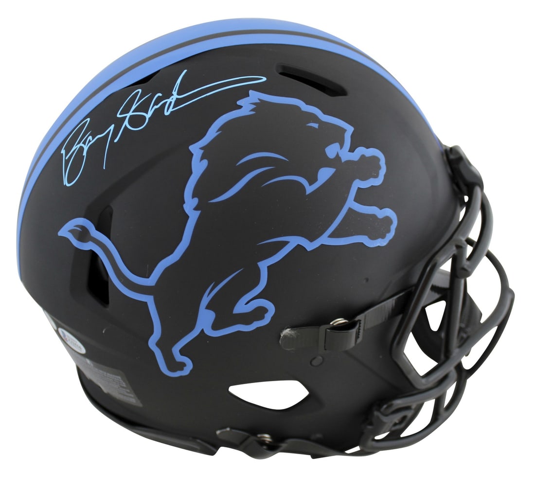 Barry Sanders Signed Detroit Lions Eclipse Full Size Helmet BAS COA: Barry Sanders Signed Detroit Lions Eclipse Full Size Helmet BAS COA This authentic full-size speed Proline helmet features a striking alternate Eclipse design and has been personally signed by NFL leg