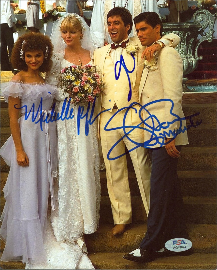 PSA Certified Scarface 8x10 Photo Signed by Pacino Pfeiffer Bauer: PSA Certified Scarface 8x10 Photo Signed by Pacino Pfeiffer Bauer Original 8x10 photograph from Scarface, personally signed by Al Pacino, Michelle Pfeiffer, and Steven Bauer. This pre-owned piece incl