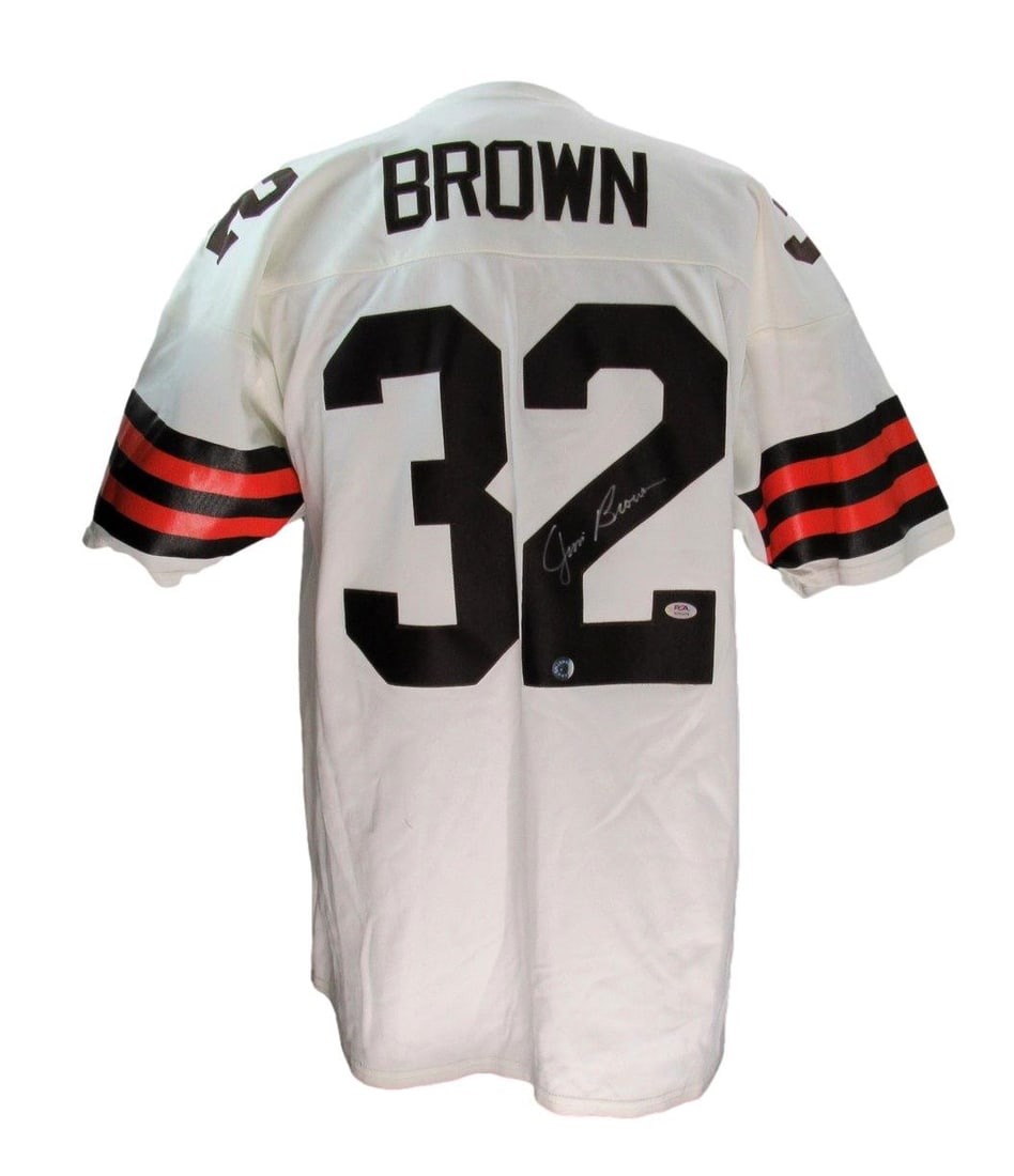 Jim Brown autographed Cleveland Browns custom football jersey PSA DNA: Jim Brown autographed Cleveland Browns custom football jersey PSA DNA This is a pre-owned custom white football jersey signed by Hall of Famer Jim Brown, representing the Cleveland Browns. The autogra