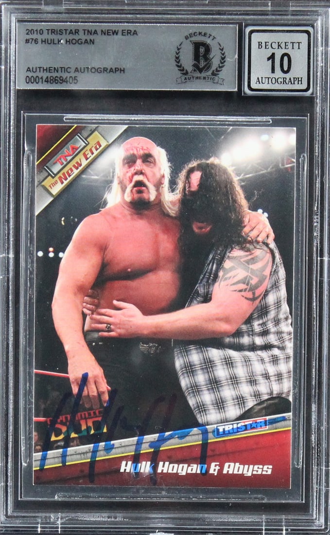 Hulk Hogan Signed 2010 Tristar TNA #76 Card Gem Mint 10 BAS Slab: Hulk Hogan Signed 2010 Tristar TNA #76 Card Gem Mint 10 BAS Slab This 2010 Tristar TNA New Era #76 card features an authentic autograph from wrestling legend Hulk Hogan, graded Gem Mint 10 by Beckett 
