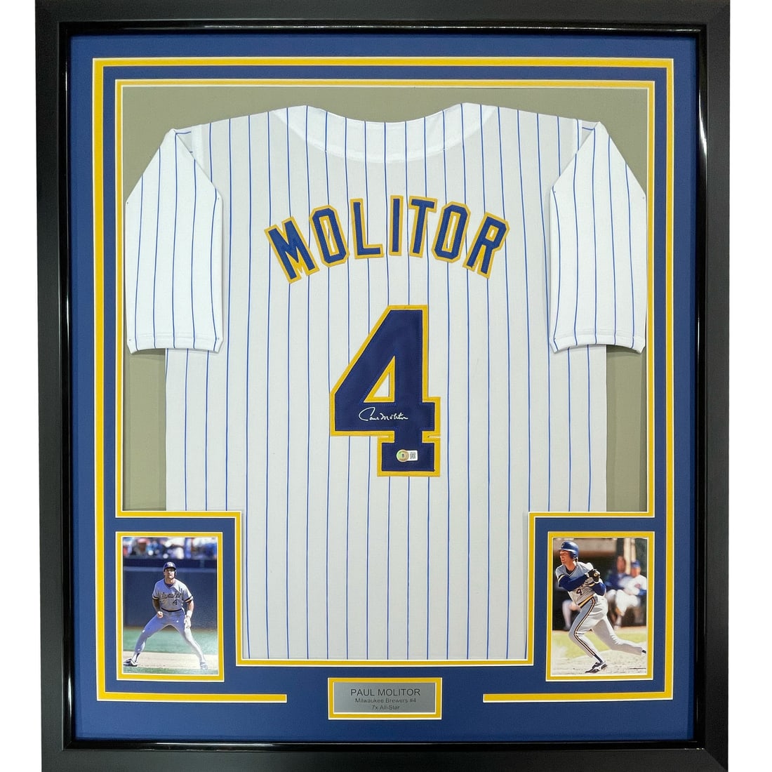 Paul Molitor Signed Framed Milwaukee Brewers Jersey Beckett COA: Paul Molitor Signed Framed Milwaukee Brewers Jersey Beckett COA Professionally framed and matted autographed Paul Molitor Milwaukee pinstripe jersey display with two 5x7 photos. This original signed p