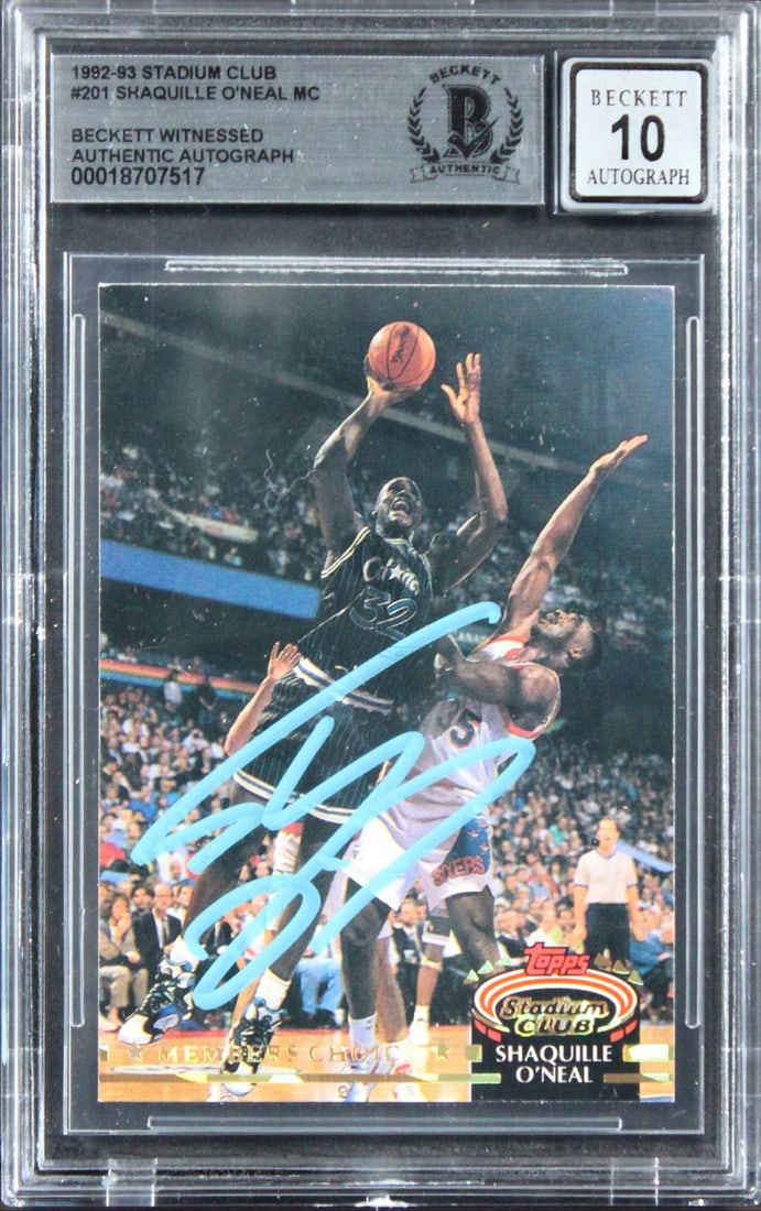 Shaquille O'Neal Rookie Card 1992 Stadium Club #201 BAS 10 Auto Slabbed: Shaquille O'Neal Rookie Card 1992 Stadium Club #201 BAS 10 Auto Slabbed This is an original 1992 Stadium Club #201 rookie card personally signed by Shaquille O'Neal of the Orlando Magic. The autograph