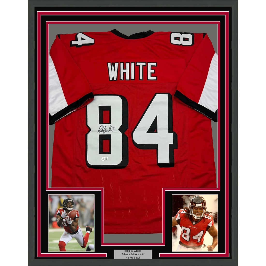 Framed Roddy White Autographed Atlanta Falcons Jersey with Beckett COA: Framed Roddy White Autographed Atlanta Falcons Jersey with Beckett COA Celebrate your fandom with this framed and autographed Roddy White Atlanta Falcons jersey. The item features a vibrant red jersey