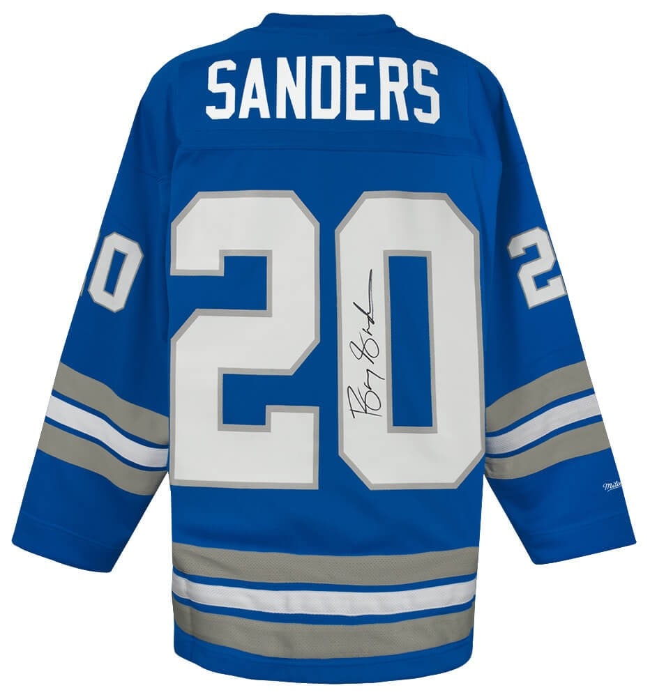 Barry Sanders Signed Detroit Lions Maxxed Out Jersey with SS COA: Barry Sanders Signed Detroit Lions Maxxed Out Jersey with SS COA Celebrate the legacy of Barry Sanders with this signed Detroit Lions blue Maxxed Out Fashion Mitchell & Ness hockey jersey. This origin