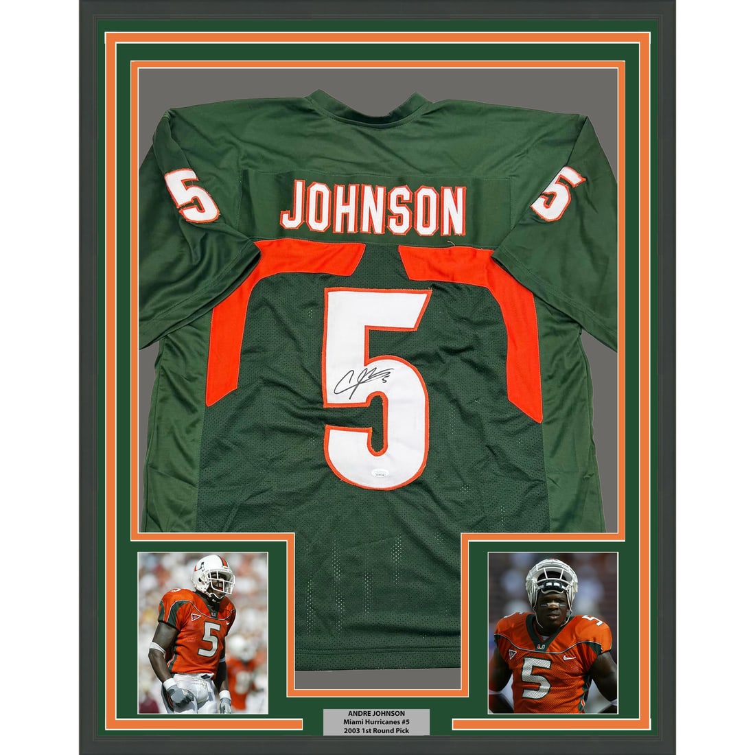 Andre Johnson Signed Miami Hurricanes Green Jersey Framed JSA COA 35x39: Andre Johnson Signed Miami Hurricanes Green Jersey Framed JSA COA 35x39 This professionally framed and matted display features an autographed Andre Johnson Miami Hurricanes green college jersey. The j