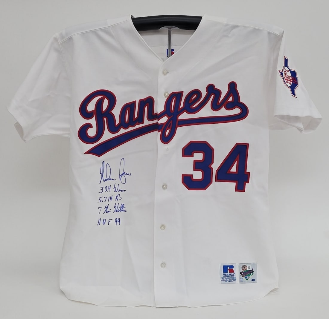 Nolan Ryan Signed Texas Rangers Game Jersey with Inscriptions Beckett Authenticated: Nolan Ryan Signed Texas Rangers Game Jersey with Inscriptions Beckett Authenticated Own a piece of baseball history with this Nolan Ryan signed Texas Rangers game model jersey. This original jersey fe