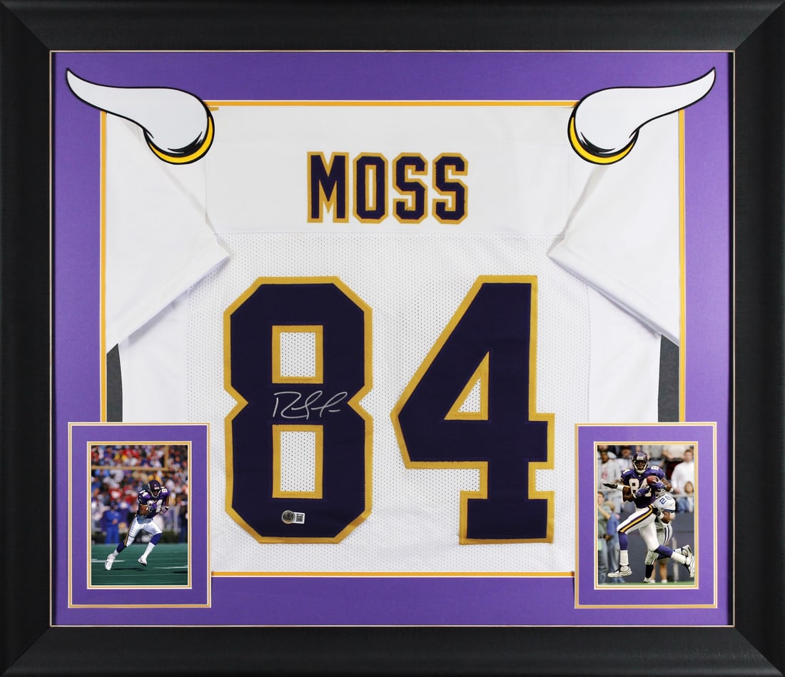 Framed Randy Moss Vikings signed white pro style jersey BAS witnessed: Framed Randy Moss Vikings signed white pro style jersey BAS witnessed This professionally framed white pro style jersey has been personally signed by Randy Moss of the Minnesota Vikings. Authenticated