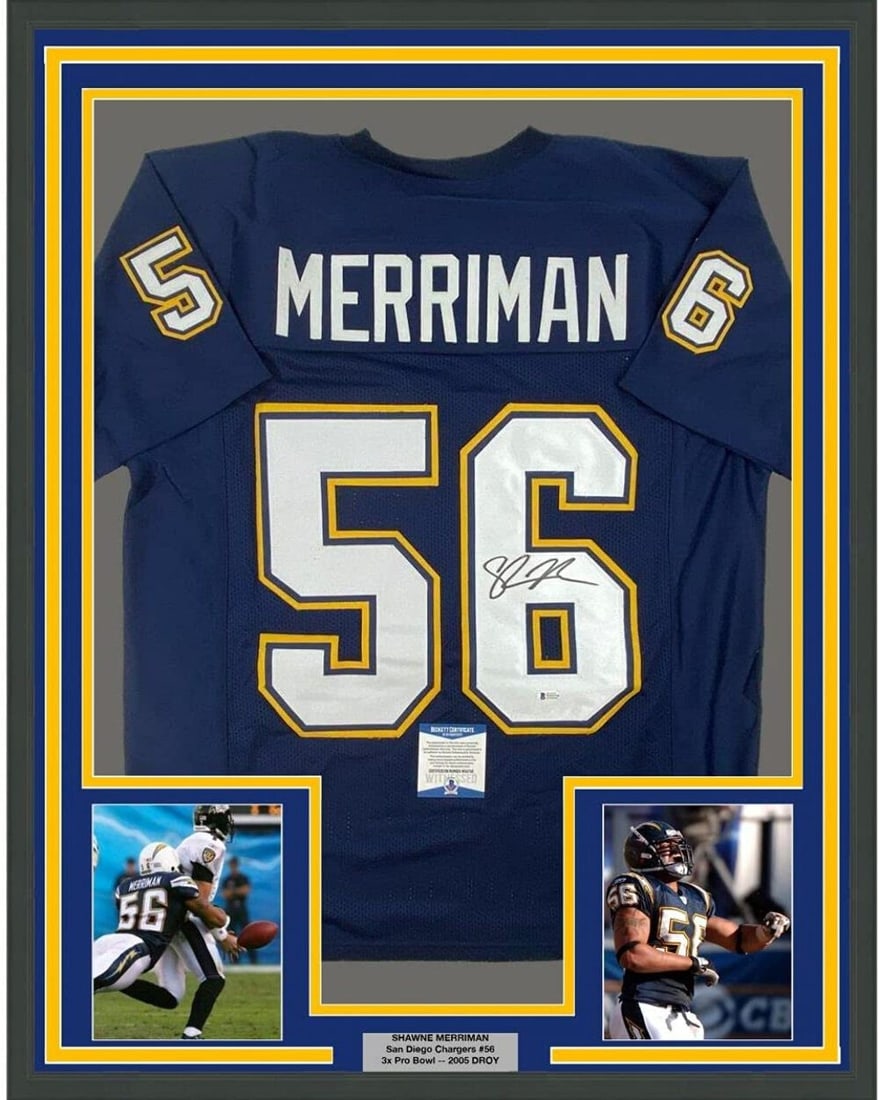 Shawne Merriman Framed Signed San Diego Chargers Jersey 33x42 BAS COA: Shawne Merriman Framed Signed San Diego Chargers Jersey 33x42 BAS COA This professionally framed and matted display features a San Diego Chargers blue jersey autographed by Shawne Merriman. The piece 