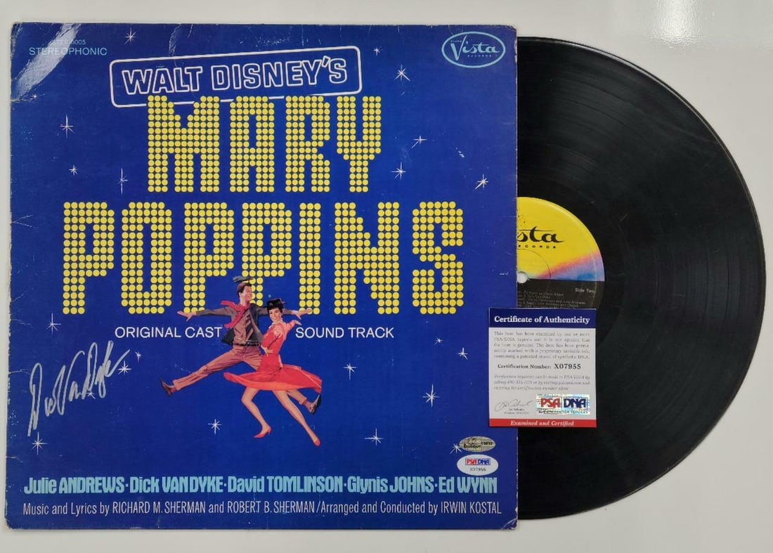 Mary Poppins Soundtrack Album Cover Autographed by Dick Van Dyke PSA DNA: Mary Poppins Soundtrack Album Cover Autographed by Dick Van Dyke PSA DNA This is an original Mary Poppins Original Sound Track album cover, signed by Dick Van Dyke. The autograph has been authenticate