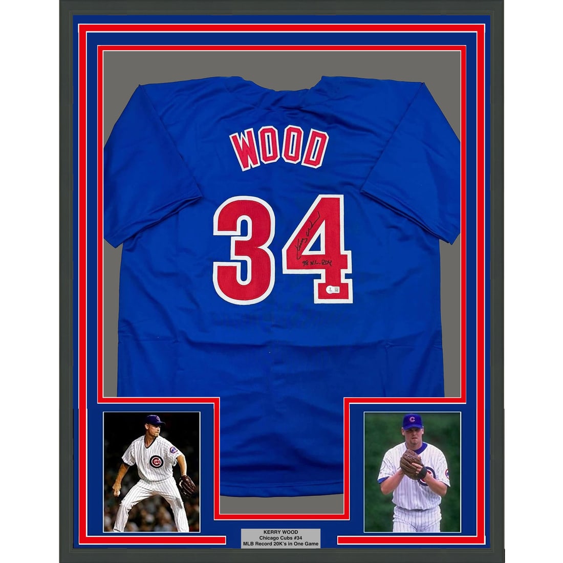 Kerry Wood Signed Blue Jersey Framed Display Beckett BAS COA 35x39: Kerry Wood Signed Blue Jersey Framed Display Beckett BAS COA 35x39 This is a framed, autographed blue jersey signed by Kerry Wood, commemorating his 1998 Rookie of the Year (ROY) achievement. The jers