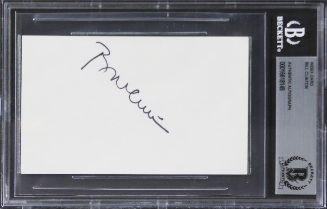 Bill Clinton Signed 3x5 Index Card Authenticated by Beckett: Bill Clinton Signed 3x5 Index Card Authenticated by Beckett This authentic 3x5 index card features a personal signature from Bill Clinton, ensuring its provenance as a notable collectible. The item is