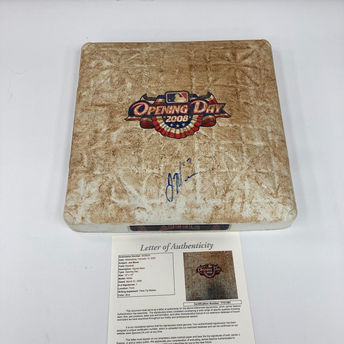 Joe Mauer Signed Game Used Base 2008 Opening Day JSA COA: Joe Mauer Signed Game Used Base 2008 Opening Day JSA COA Capture a piece of baseball history with this game-used base from the 2008 Opening Day, signed by Joe Mauer of the Minnesota Twins. This memora