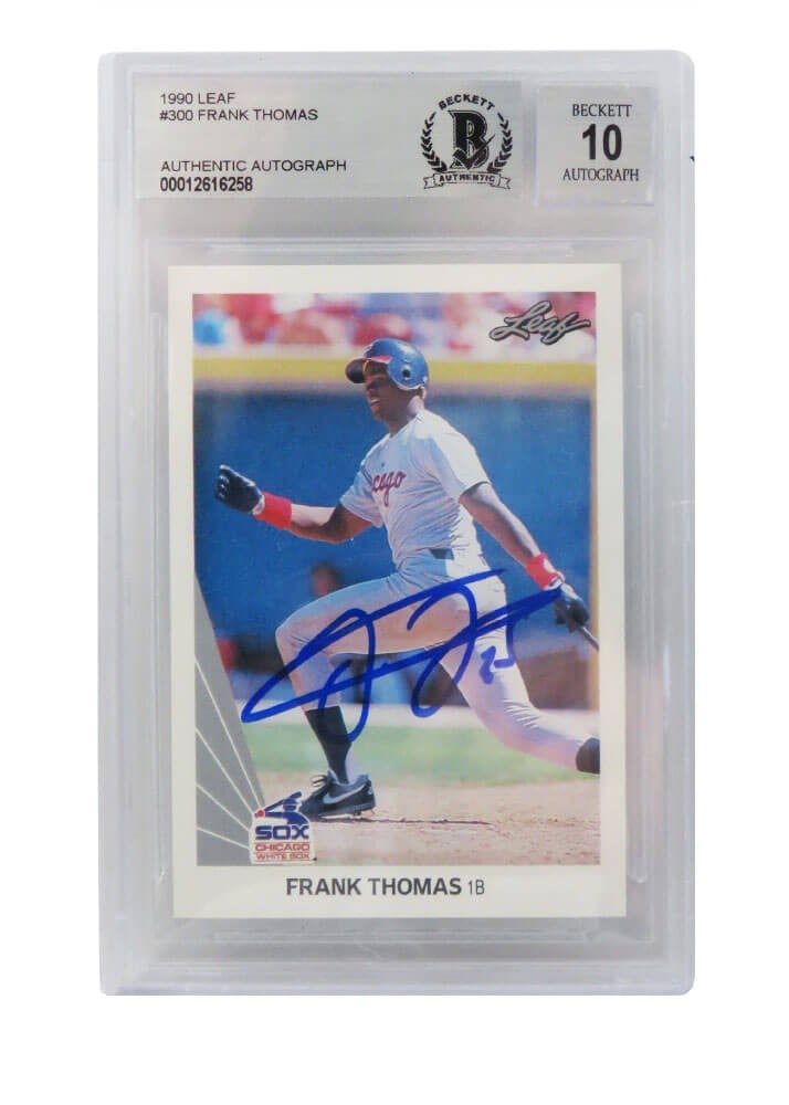 Frank Thomas Autographed 1990 Leaf Rookie Card #300 Beckett Mint 10: Frank Thomas Autographed 1990 Leaf Rookie Card #300 Beckett Mint 10 Own a piece of baseball history with this Frank Thomas autographed 1990 Leaf rookie card #300, featuring the legendary player from t
