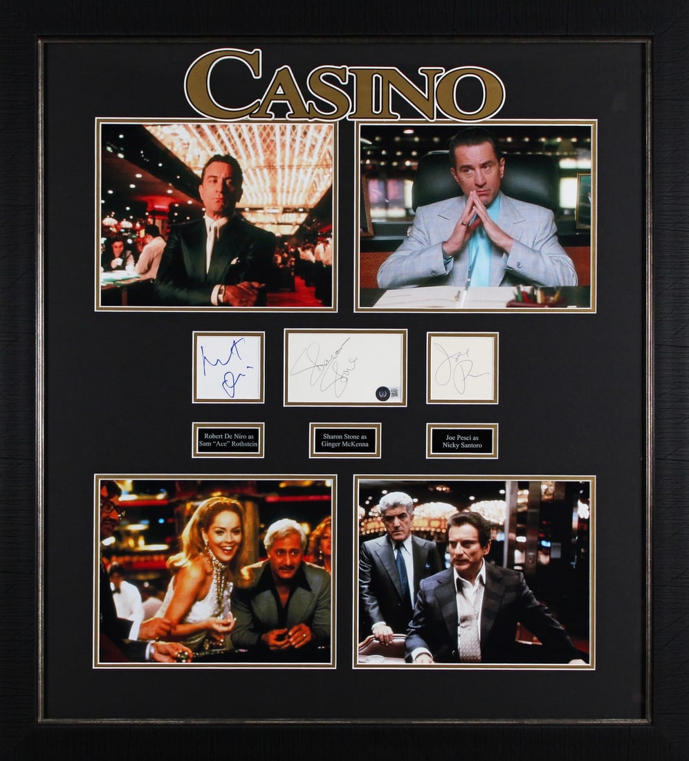 Casino Signed Display with De Niro Stone Pesci BAS LOA: Casino Signed Display with De Niro Stone Pesci BAS LOA This stunning framed display features an autographed 3x5 index card personally signed by iconic actors Robert De Niro, Sharon Stone, and Joe Pesc