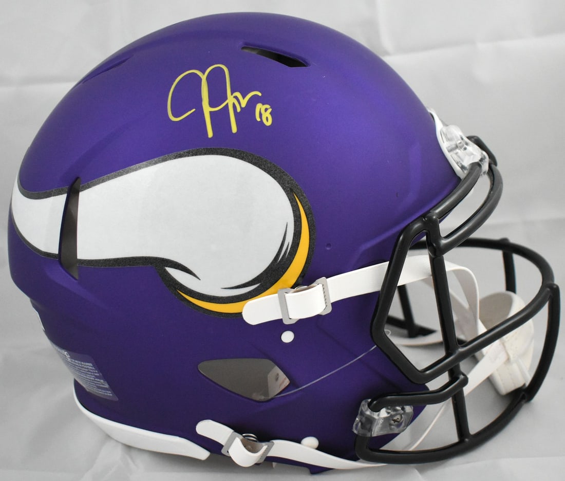 Minnesota Vikings full size speed helmet Justin Jefferson autograph Beckett holo: Minnesota Vikings full size speed helmet Justin Jefferson autograph Beckett holo This is an autographed Minnesota Vikings full-size Speed Authentic helmet signed by Justin Jefferson. The helmet is an 