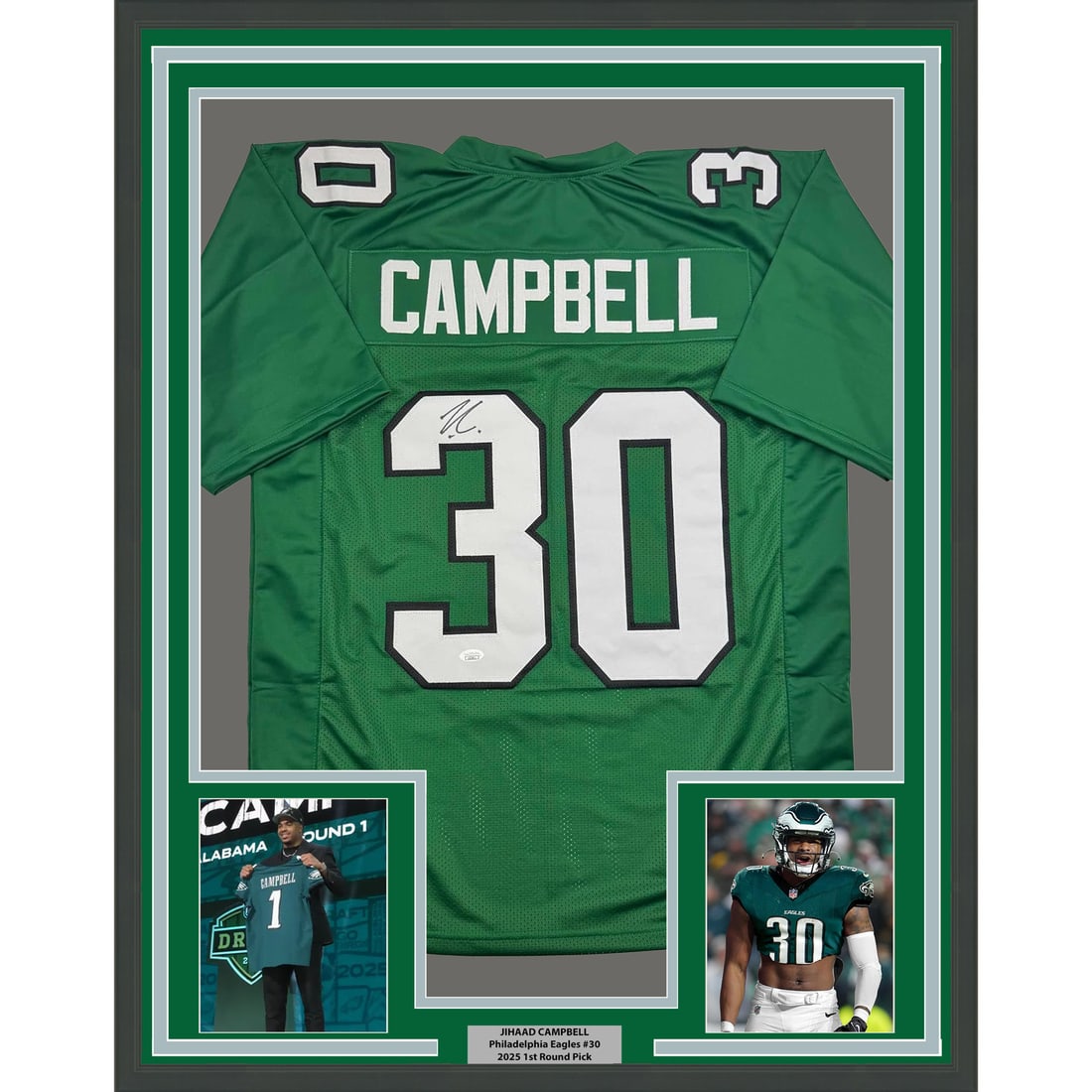 Jihaad Campbell Framed Signed Eagles Kelly Green Jersey JSA COA 35x39: Jihaad Campbell Framed Signed Eagles Kelly Green Jersey JSA COA 35x39 This professionally framed and matted Kelly green jersey features the autograph of Jihaad Campbell and comes with authentication f