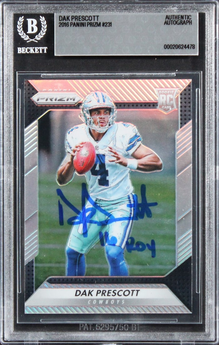Dak Prescott autographed 2016 Panini Prizm 231 rookie card Beckett slabbed: Dak Prescott autographed 2016 Panini Prizm 231 rookie card Beckett slabbed Autographed 2016 Panini Prizm #231 rookie card signed by Dak Prescott and inscribed "16 ROY." The card is slabbed by Beckett 