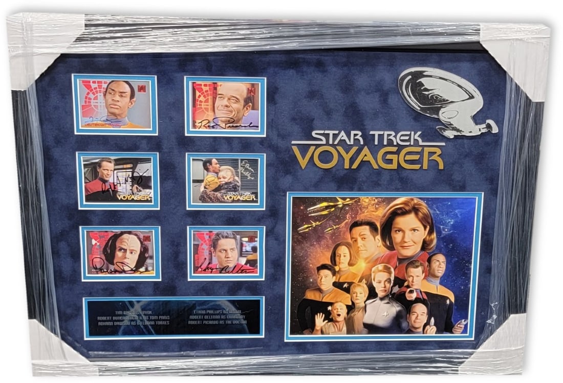 Star Trek Voyager cast autographed trading card collage GAI authenticated: Star Trek Voyager cast autographed trading card collage GAI authenticated This is a Star Trek Voyager cast autographed trading card collage featuring signatures from Tim Russ, Robert Duncan, Roxann Da
