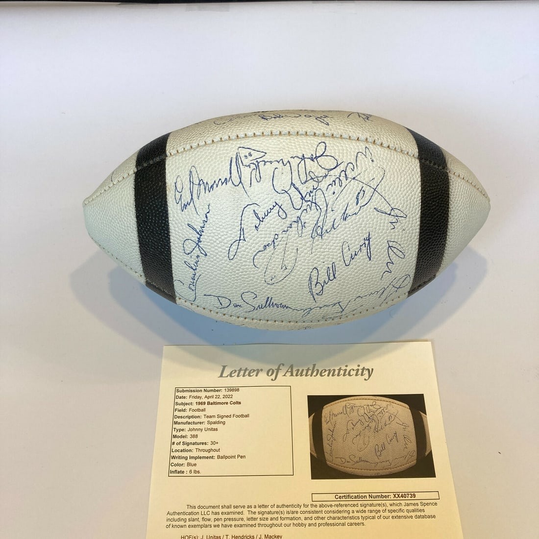 Johnny Unitas 1969 Baltimore Colts Team Signed Football JSA COA: Johnny Unitas 1969 Baltimore Colts Team Signed Football JSA COA This authentic football is a remarkable collectible featuring the signatures of the legendary 1969 Baltimore Colts team, including Hall 