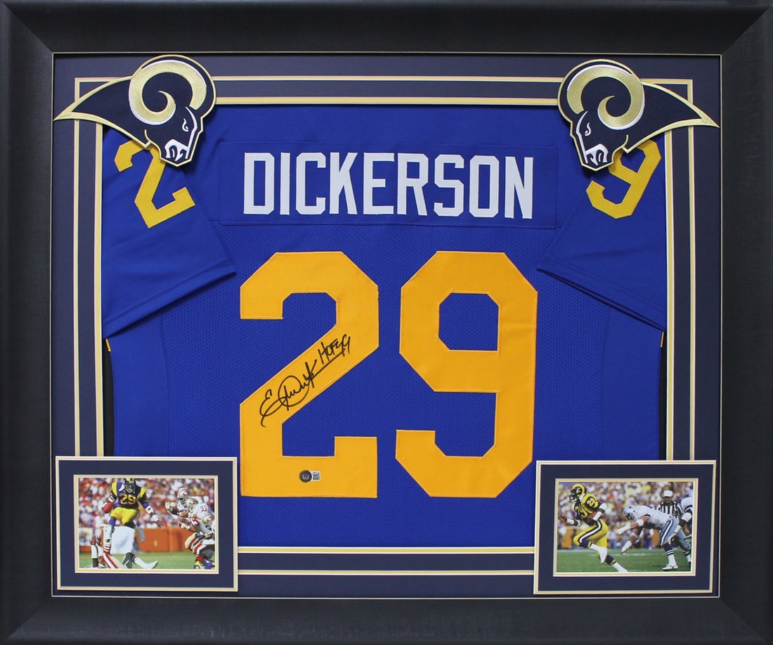 Eric Dickerson Signed Blue Pro Style Framed Jersey BAS Witnessed Los Angeles Rams: Eric Dickerson Signed Blue Pro Style Framed Jersey BAS Witnessed Los Angeles Rams This authentic, signed blue pro style jersey features the legendary Eric Dickerson of the Los Angeles Rams. The jersey