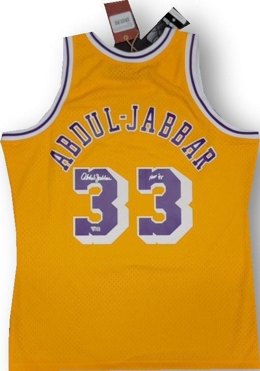 Kareem Abdul-Jabbar Signed Mitchell & Ness Lakers Jersey HOF Fanatics Authenticated: Kareem Abdul-Jabbar Signed Mitchell & Ness Lakers Jersey HOF Fanatics Authenticated Celebrate the legacy of basketball legend Kareem Abdul-Jabbar with this autographed Mitchell & Ness Swingman jersey.