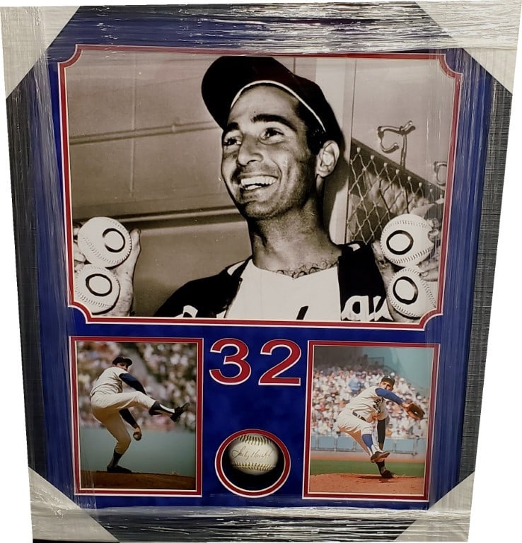 Sandy Koufax Signed Baseball Custom Frame with 2 Photos GAI: Sandy Koufax Signed Baseball Custom Frame with 2 Photos GAI This stunning piece features an original autographed baseball by Sandy Koufax, one of baseball's legendary pitchers. The ball is beautifully