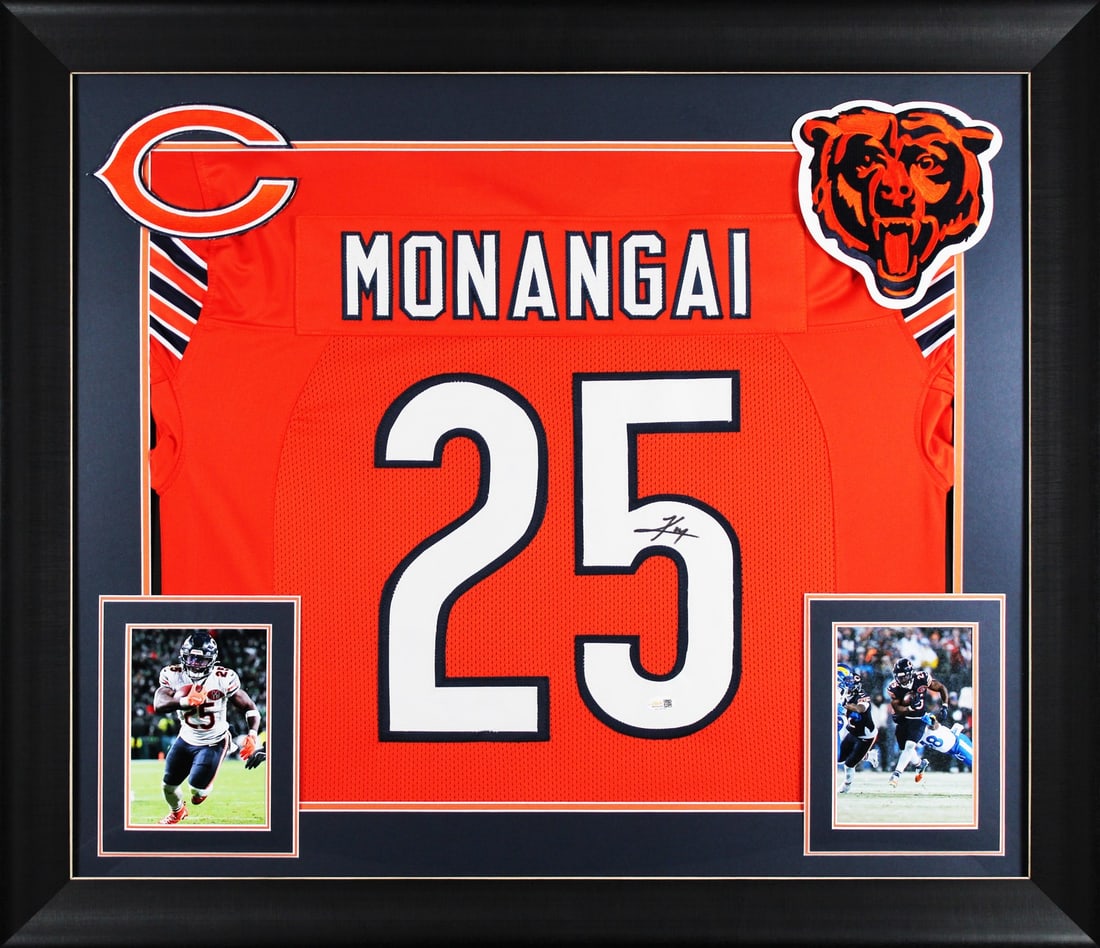 Framed Orange Pro Style Jersey Signed by Kyle Monangai JSA Witness: Framed Orange Pro Style Jersey Signed by Kyle Monangai JSA Witness Autographed orange pro style framed jersey personally signed by Kyle Monangai of the Chicago Bears. The item is an original, JSA auth