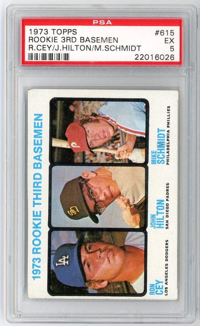 1973 Topps Mike Schmidt Rookie Card PSA 5 Philadelphia Phillies: 1973 Topps Mike Schmidt Rookie Card PSA 5 Philadelphia Phillies This is a graded 1973 Topps Mike Schmidt #615 Rookie RC Baseball Card, rated PSA 5 EX. The card is encapsulated for preservation and has