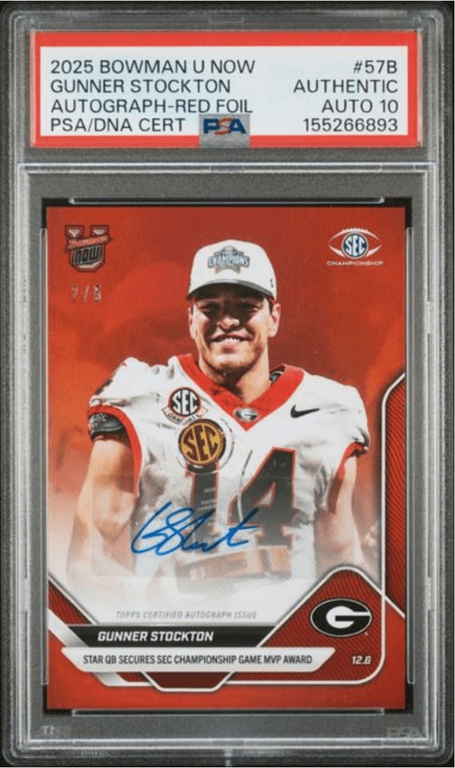 PSA 10 Gunner Stockton signed 2025 Bowman U Now red foil card /5: PSA 10 Gunner Stockton signed 2025 Bowman U Now red foil card /5 Graded 2025 Bowman U trading card featuring Gunner Stockton with an authenticated autograph and red foil parallel. The card is encapsul