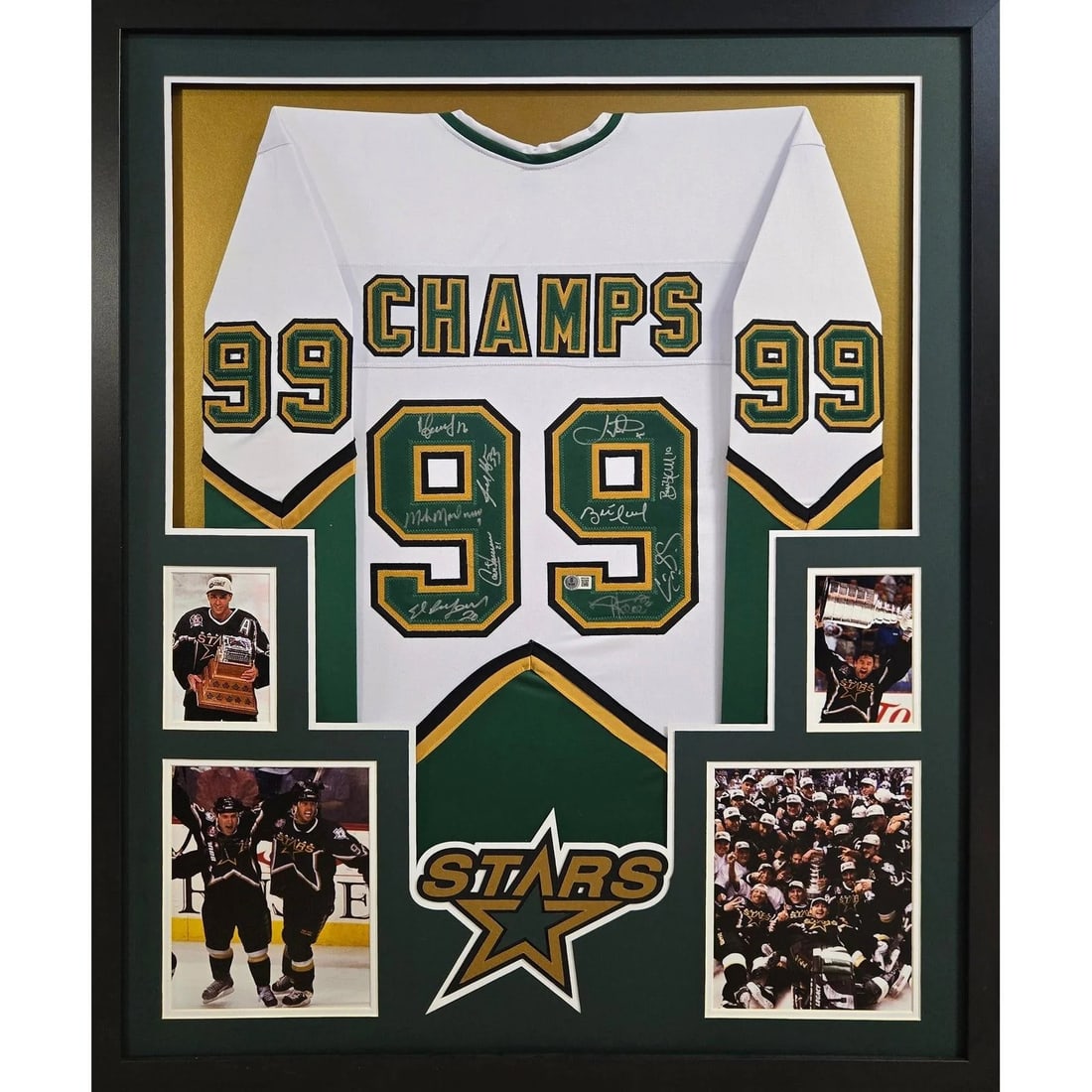 Framed Dallas Stars Jersey Beckett Authenticated 1999 Stanley Cup Champions: Framed Dallas Stars Jersey Beckett Authenticated 1999 Stanley Cup Champions This framed Dallas Stars jersey commemorates the team's 1999 Stanley Cup victory and is autographed by multiple team members