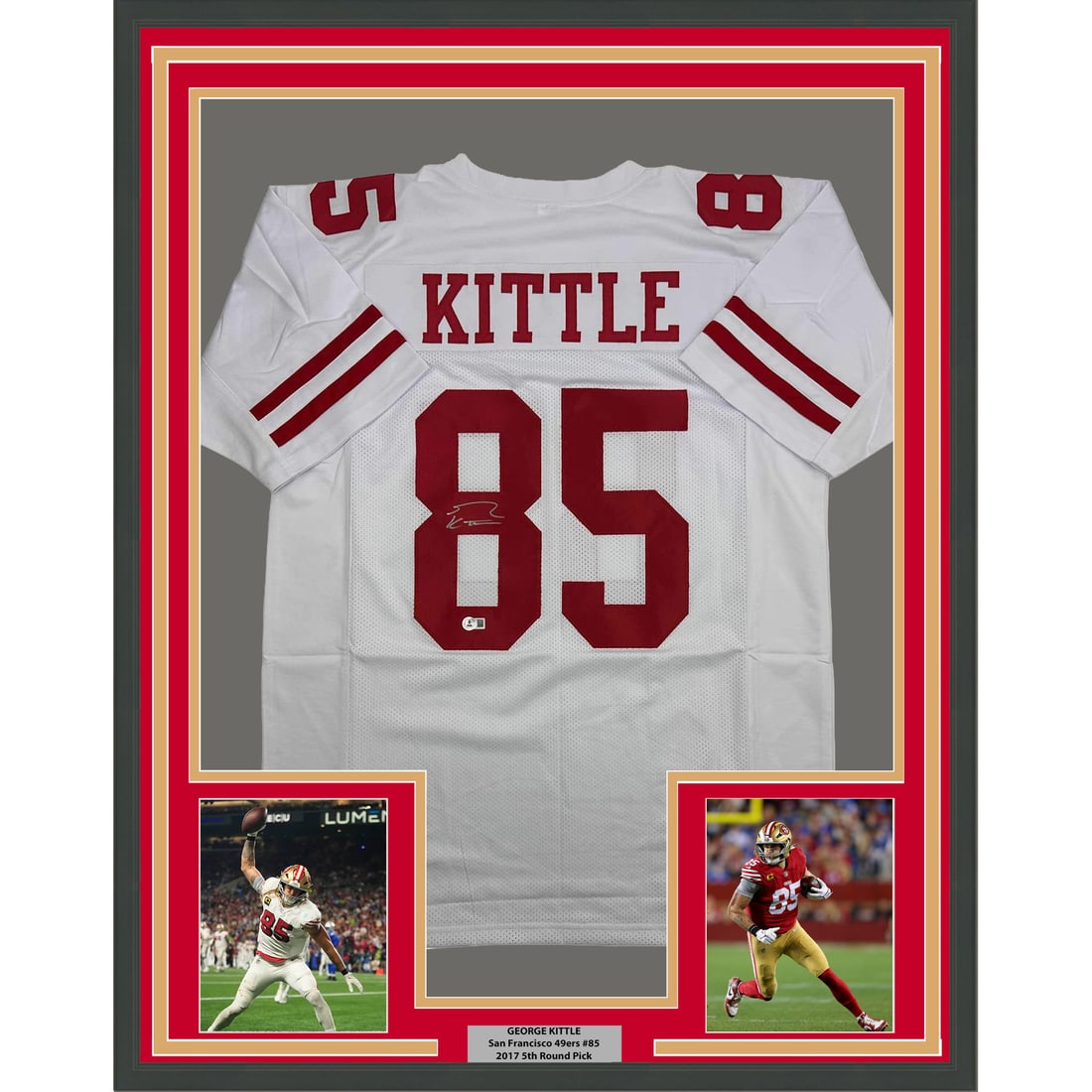 George Kittle Signed San Francisco 49ers White Jersey Framed 35x39 With BAS COA: George Kittle Signed San Francisco 49ers White Jersey Framed 35x39 With BAS COA This framed display features an autographed white jersey signed by George Kittle of the San Francisco 49ers. The jersey 
