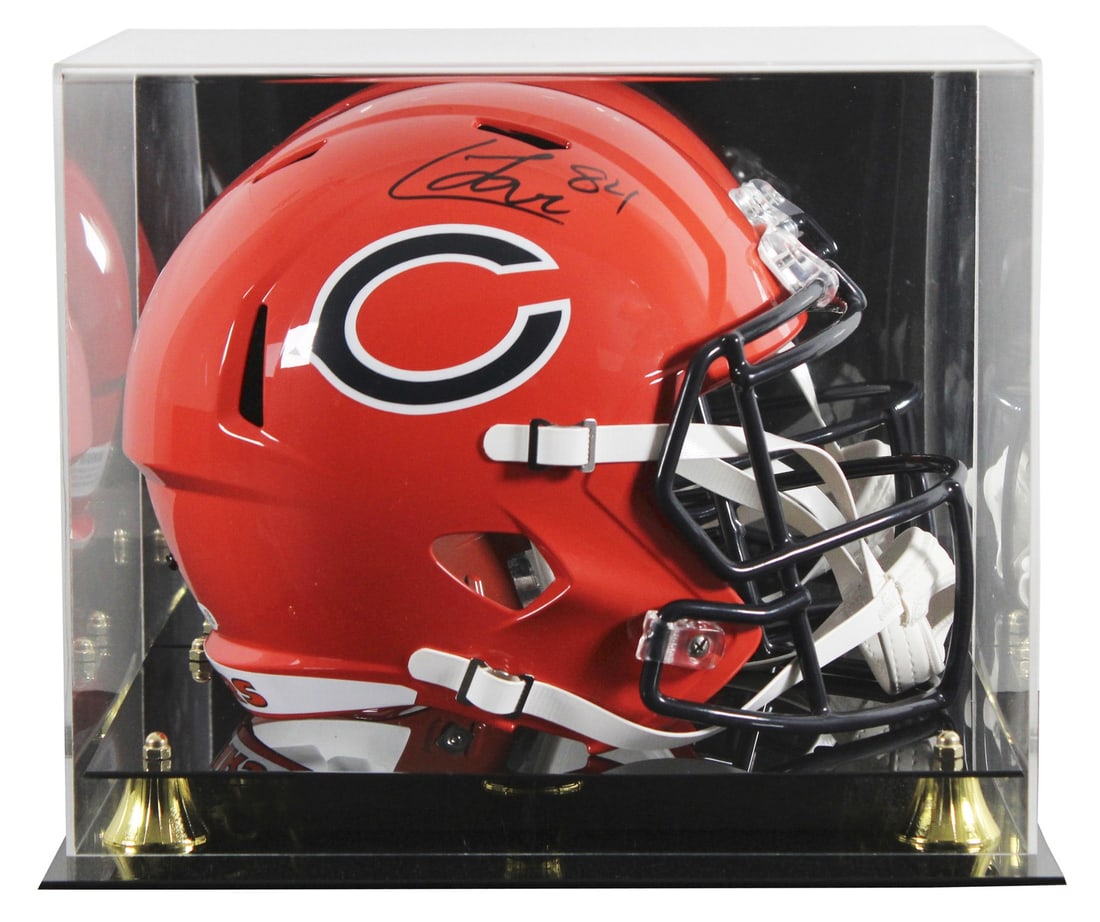 Chicago Bears Riddell Speed Rep Helmet signed by Colston Loveland with display case: Chicago Bears Riddell Speed Rep Helmet signed by Colston Loveland with display case Autographed 2022 on-field alternate Riddell full size Speed replica helmet with UV mirrored back acrylic display cas