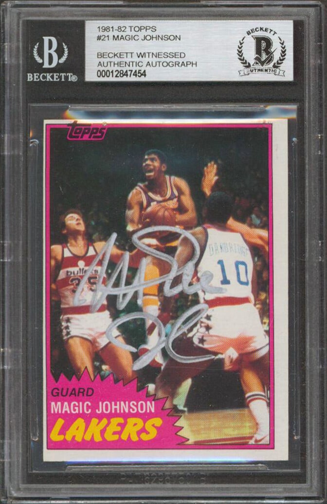 Magic Johnson Signed 1981-82 Topps #21 Card Los Angeles Lakers BAS Authenticated: Magic Johnson Signed 1981-82 Topps #21 Card Los Angeles Lakers BAS Authenticated This authentic autographed 1981 Topps #21 card features the legendary Magic Johnson of the Los Angeles Lakers. The card