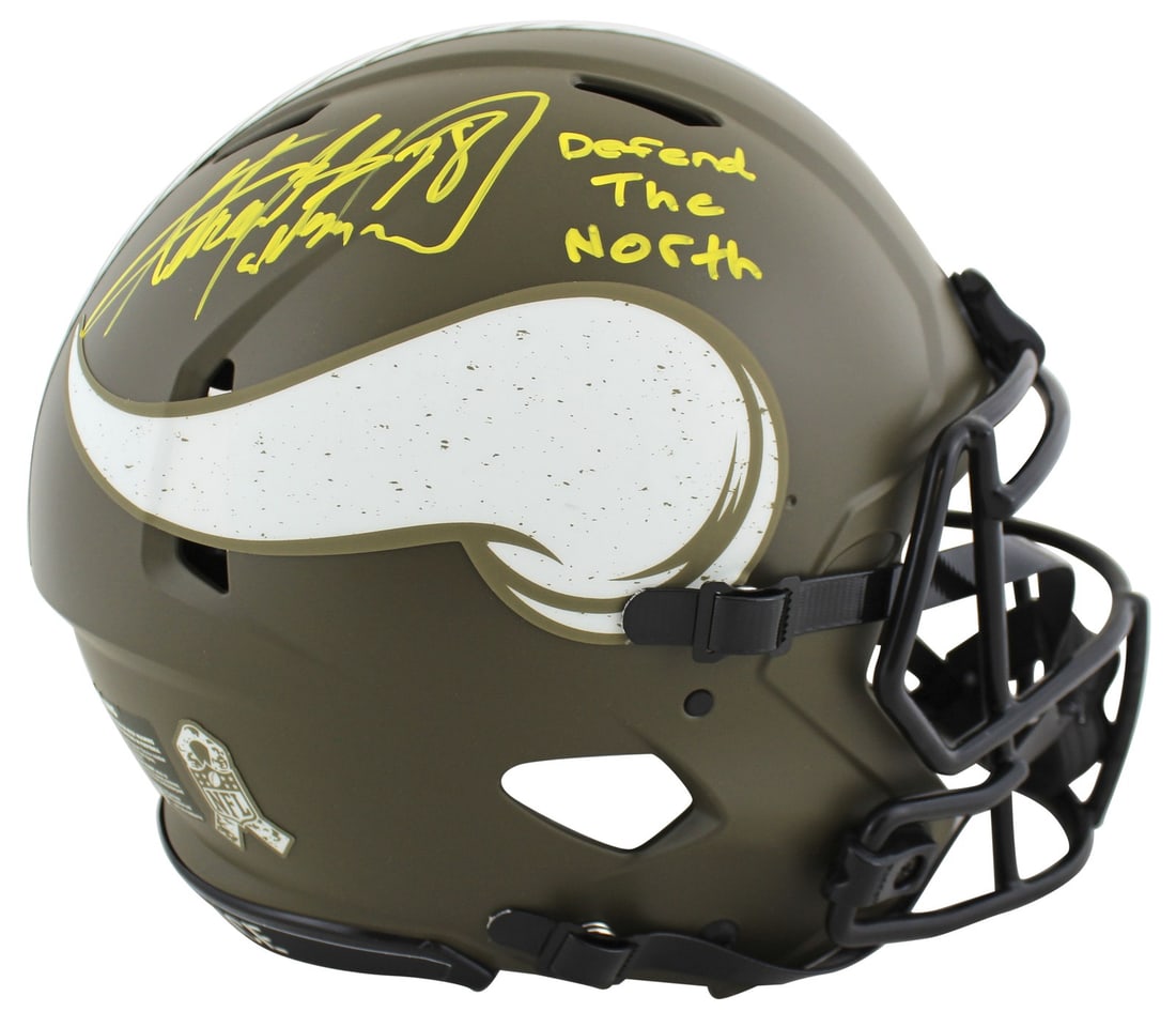Adrian Peterson signed Vikings Salute to Service Speed Proline helmet Beckett: Adrian Peterson signed Vikings Salute to Service Speed Proline helmet Beckett This is an original autographed Alternate Salute To Service Riddell Authentic Full Size Speed Proline helmet personally si